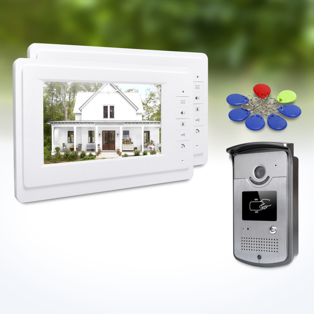 Home Security And Camera System - 1台の屋外カメラ、2台の屋内モニター、7インチビデオドアホンインターホン、キーフォブ、RFIDロック解除、ミュートモード、有線ホームセキュリティシステムキット