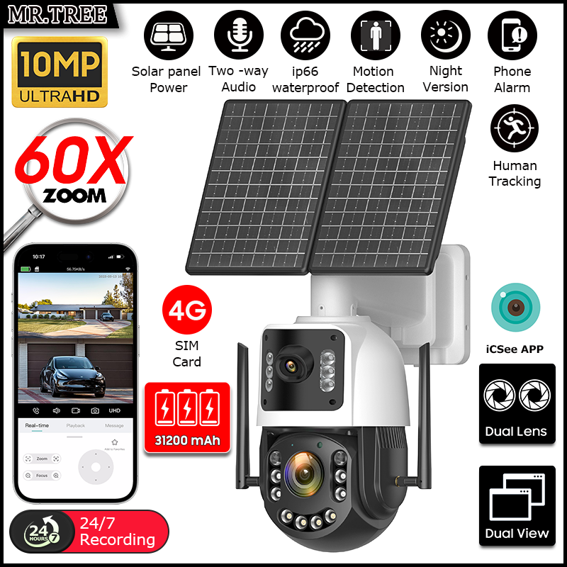 Home Security Battery - 金属製AOVソーラーセキュリティカメラ4K 4G SIM 60倍光学ズーム人間追跡31200mAh 24時間録画家庭用屋外監視